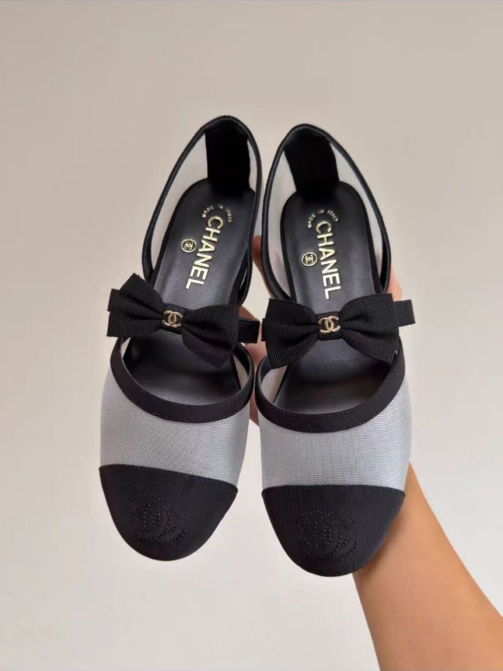 CHANEL Black White Mesh Bow Mary Jane Slingback Flats